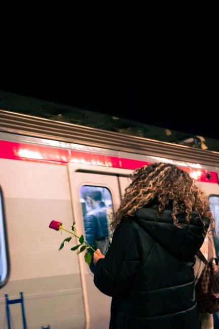 A woman with curly hair wearing a black jacket is standing on a train platform, holding a single red rose with green leaves in her hand. The train behind her has a cream and pink exterior, with window